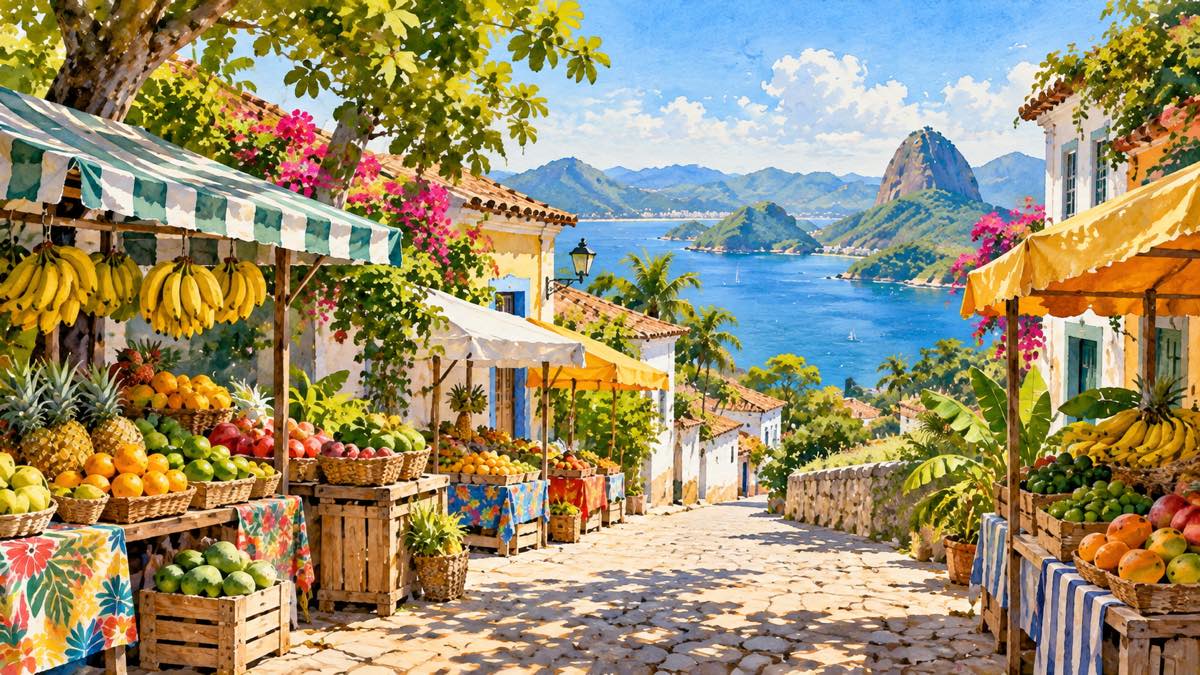 ブラジルの海辺の町を思わせる果物の屋台が並ぶ小さな市場の通りを描いた風景イラスト