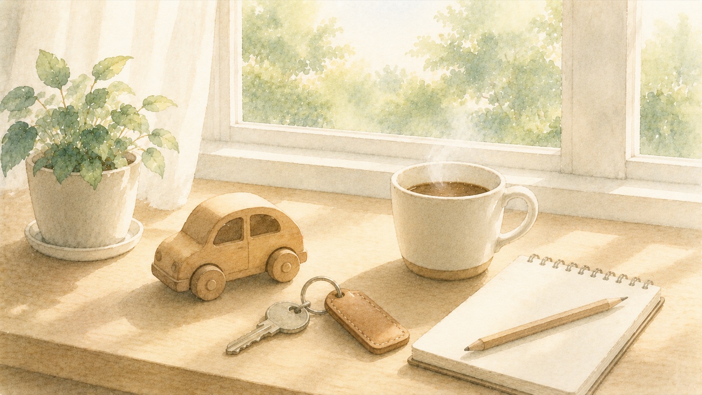 朝の光が差し込む窓辺の机に、木の車のミニチュアと革キーホルダー付きの鍵、コーヒー、メモ帳、観葉植物が並ぶ、やわらかな水彩風景