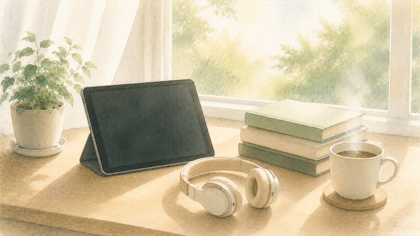 朝の光が差し込む窓辺の机に、画面が暗いタブレットとヘッドフォン、重ねた本、コーヒー、観葉植物が整然と並ぶ、すっきりと洗練された水彩風景