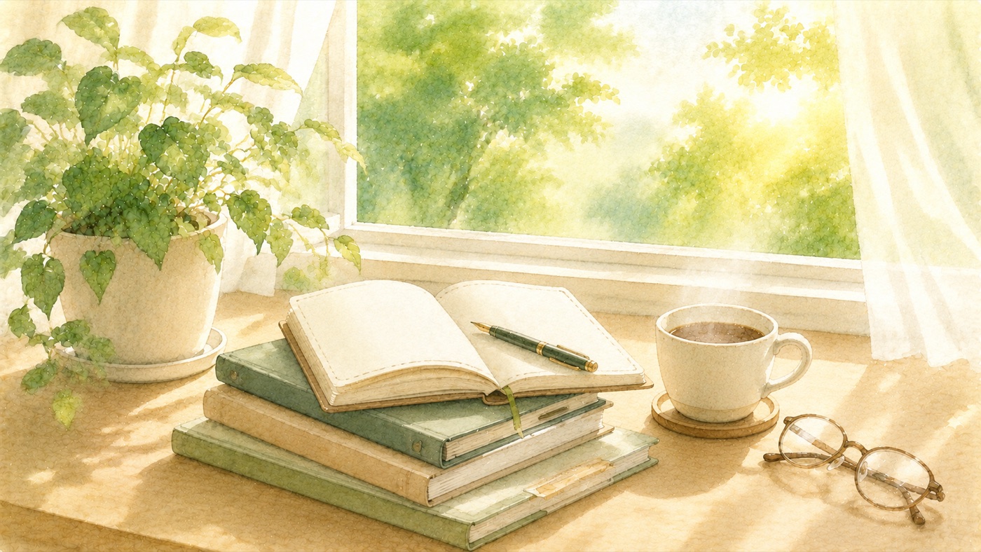 朝日が差し込む机に、きれいに重ねられたノートとファイル、開いた手帳と万年筆、コーヒー、メガネ、生き生きとした観葉植物が並ぶ、やり遂げた達成感のある水彩風景