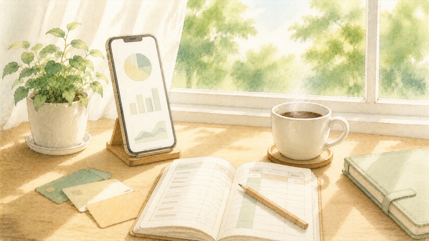 朝の光が差し込む窓辺の机に、スタンドのスマートフォン(画面は抽象的なグラフ)、カード、開いた家計簿ノートと鉛筆、コーヒー、観葉植物が並ぶ、家計を見える化した水彩風景