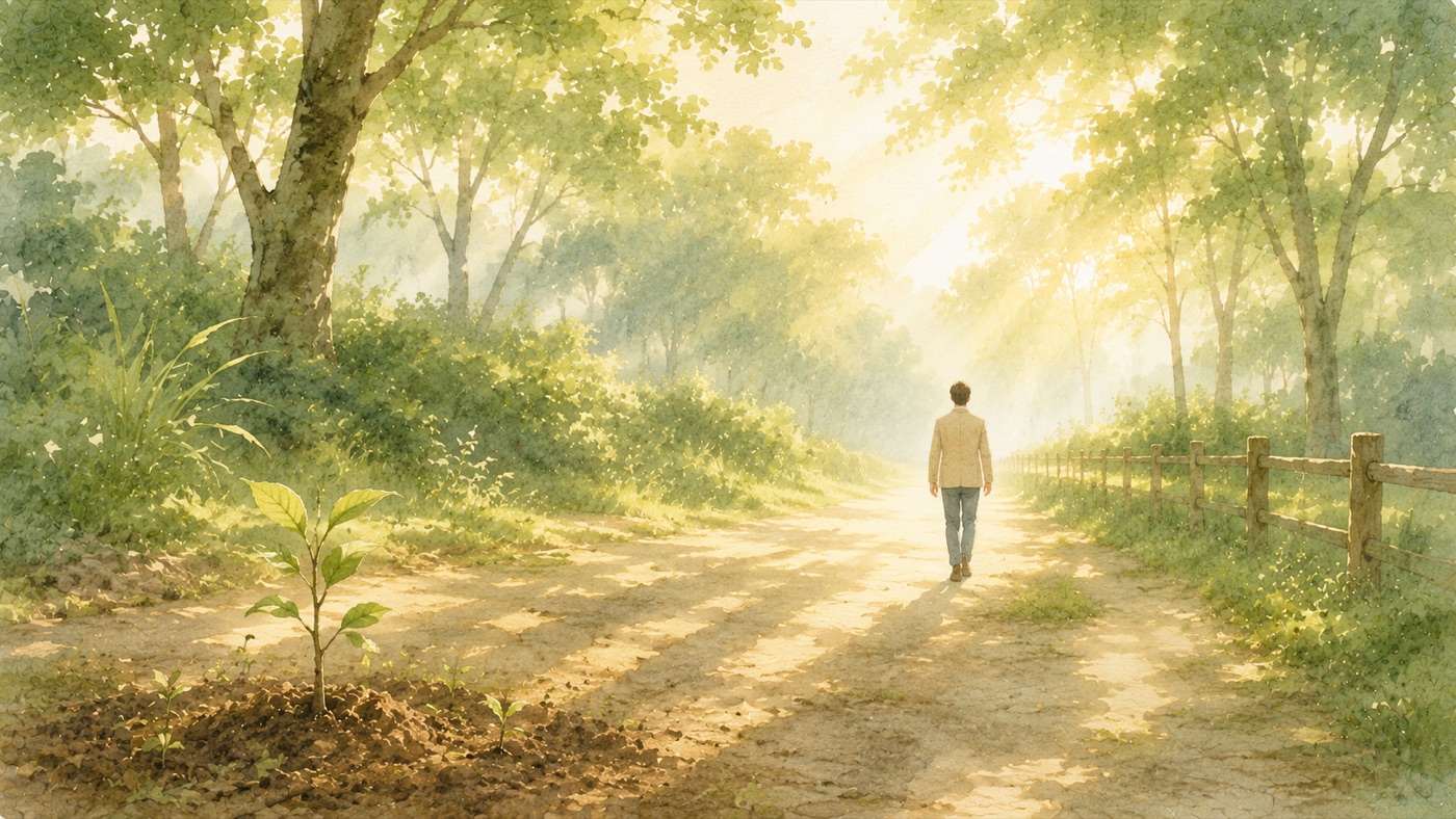 朝の光が差し込む散歩道の先に、芽吹いたばかりの若木が立つ水彩風景
