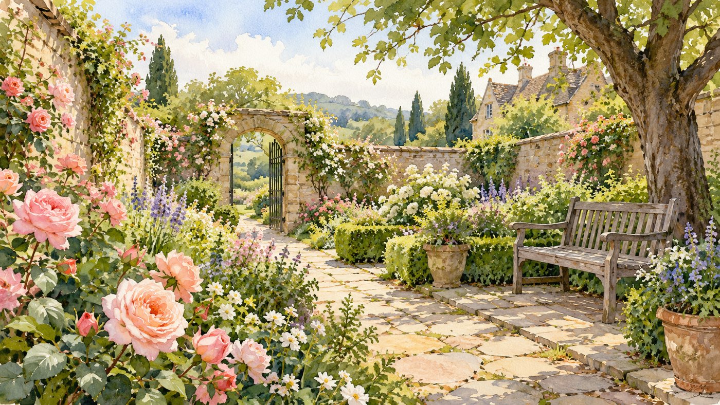 英国を思わせる花の庭と木陰のベンチを描いた風景イラスト
