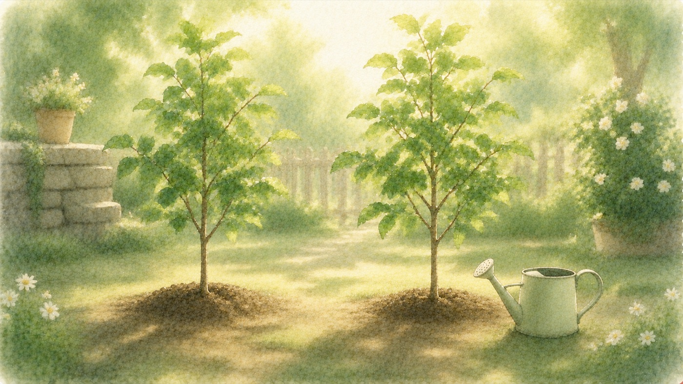 並んで植えられた2本の若木が朝の光を浴びる水彩風景