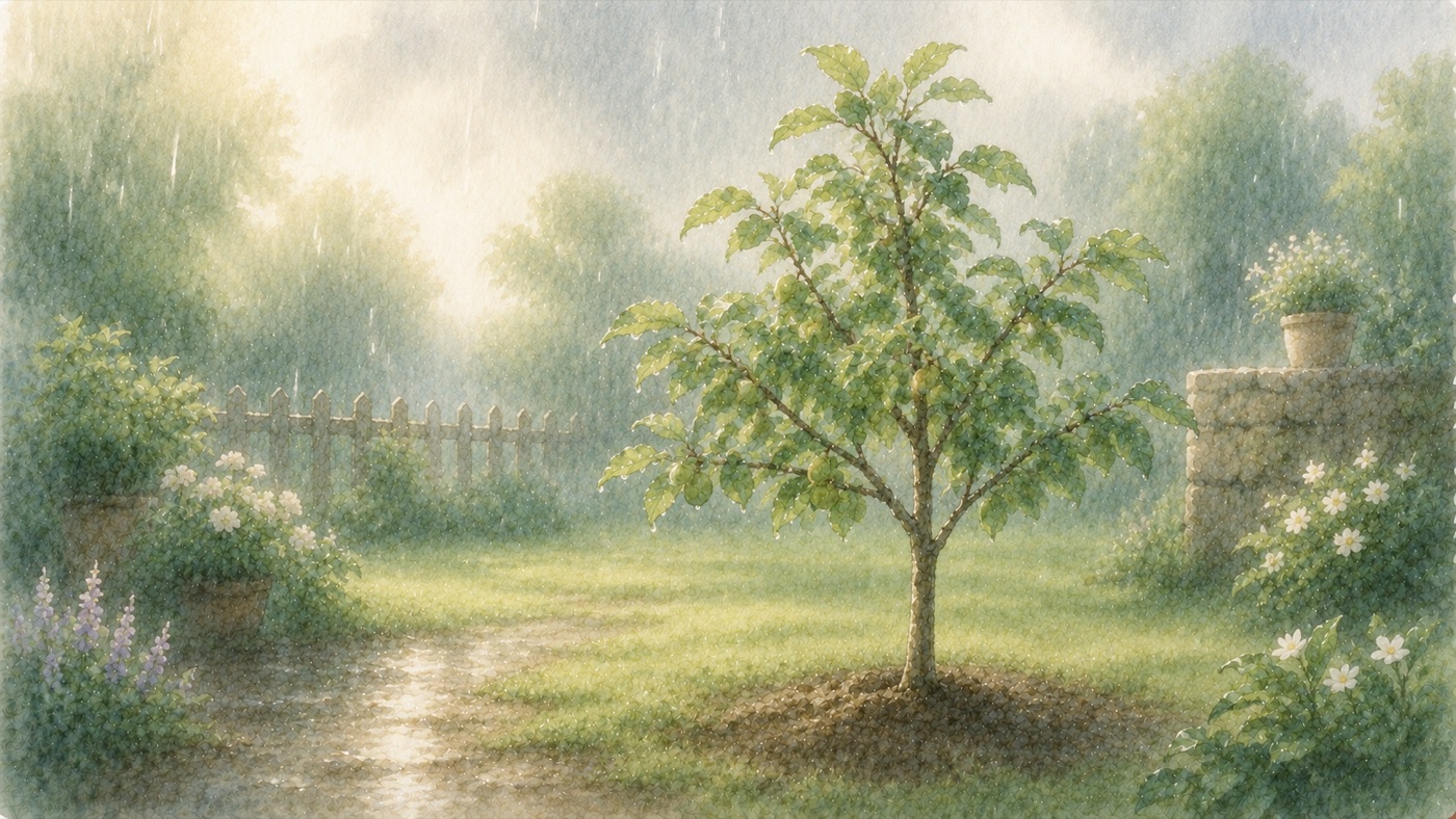 やわらかな雨に濡れながら、庭の若木がいきいきと葉を広げる水彩風景