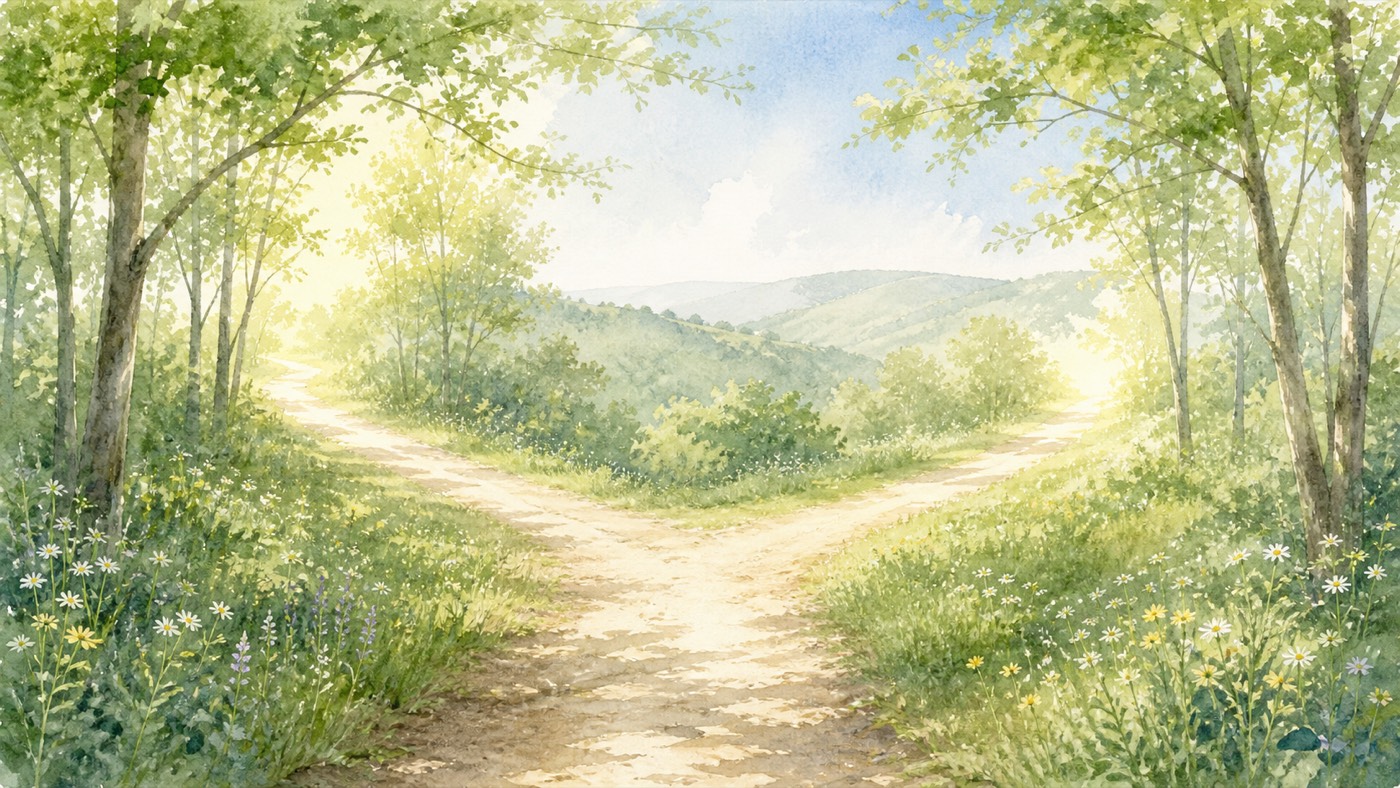 朝の光が差し込む並木道が二手に分かれ、どちらもやわらかな光へ続く水彩風景