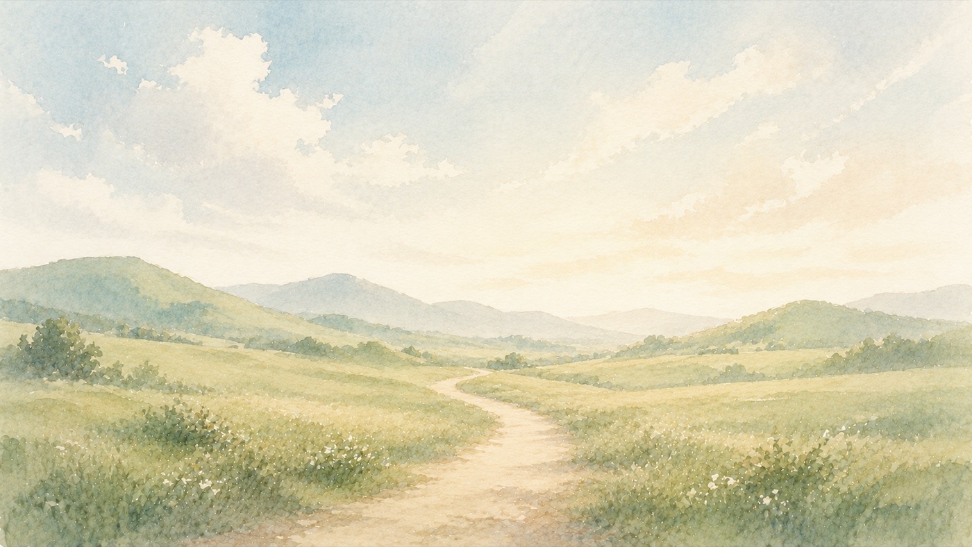 朝の光のなか、なだらかな緑の丘へと続く一本の小径が、広い空の下にのびていく希望に満ちた水彩風景