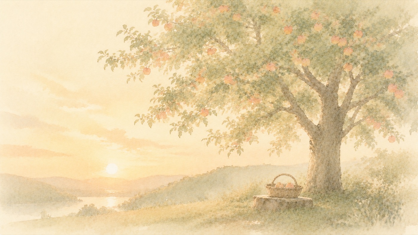 夕暮れの庭で、実をたわわにつけた一本の木から、かごに少しだけ果実を摘み取る穏やかな水彩風景