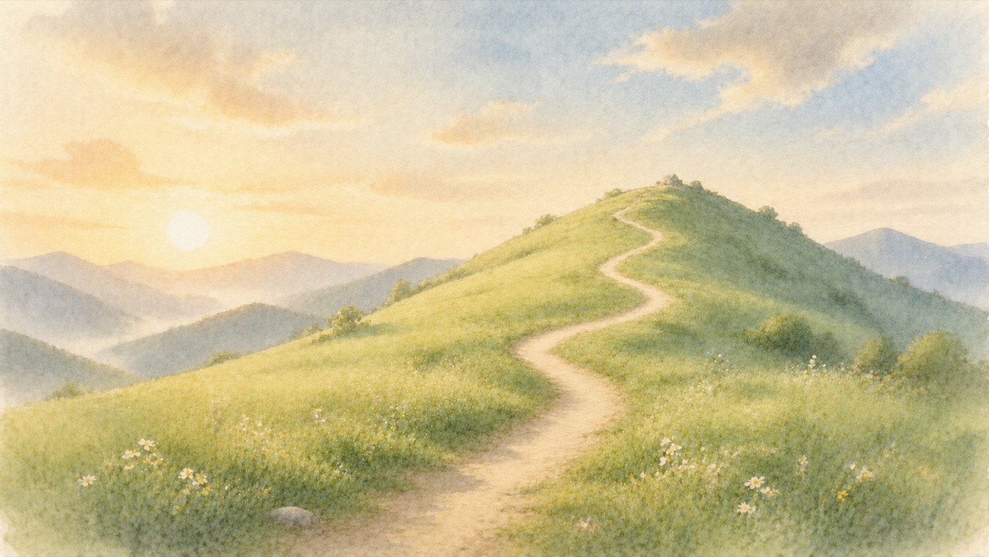 朝の光のなか、丘の上までゆるやかに続く一本の道の先に、頂が見えている穏やかな水彩風景