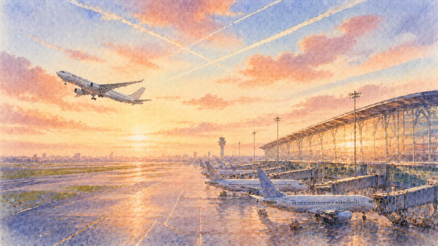 朝焼けの空港の滑走路から飛行機が世界へ飛び立ち、ターミナルに旅客機が並ぶ水彩風景