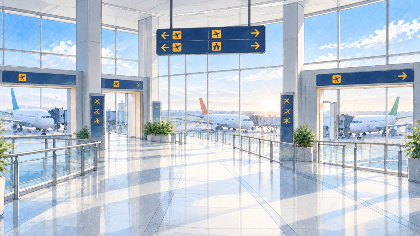 朝の空港ターミナルの通路の先に、複数の搭乗ゲートと行き先の違う飛行機が見える穏やかな水彩風景