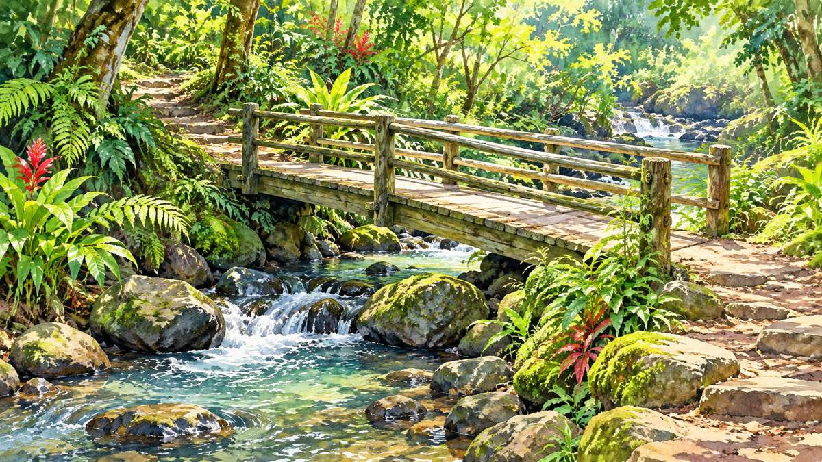 ハワイを思わせる森の道の途中にある、小川に架かる小さな木の橋を描いた風景イラスト