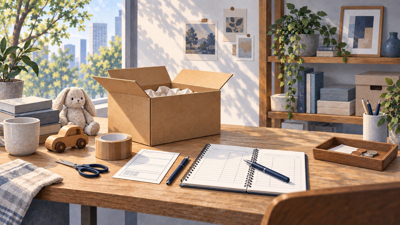 小さな商品から梱包、記録までの物販の流れを整然と並べた雑誌挿絵